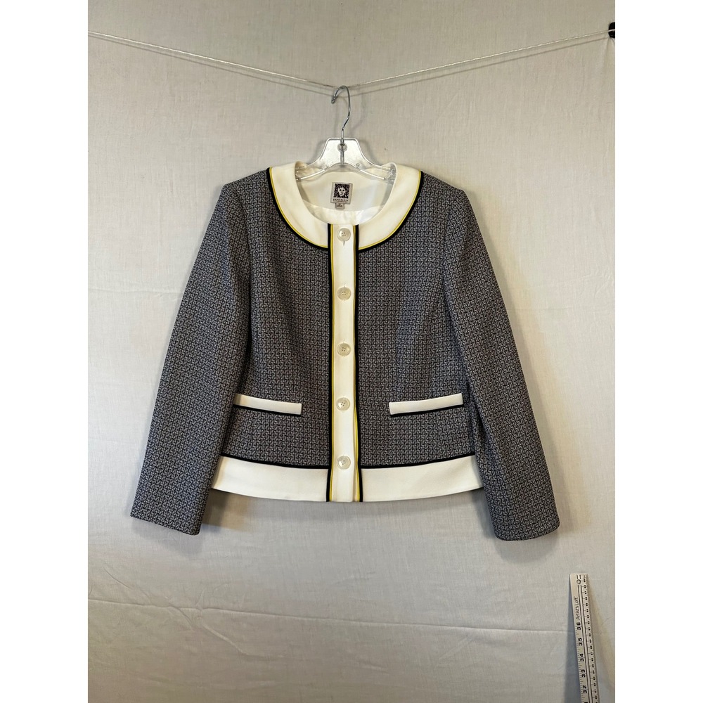 Anne Klein Women 14P Blazer Black White Textured Contrast Trim Suit Jacket 3390